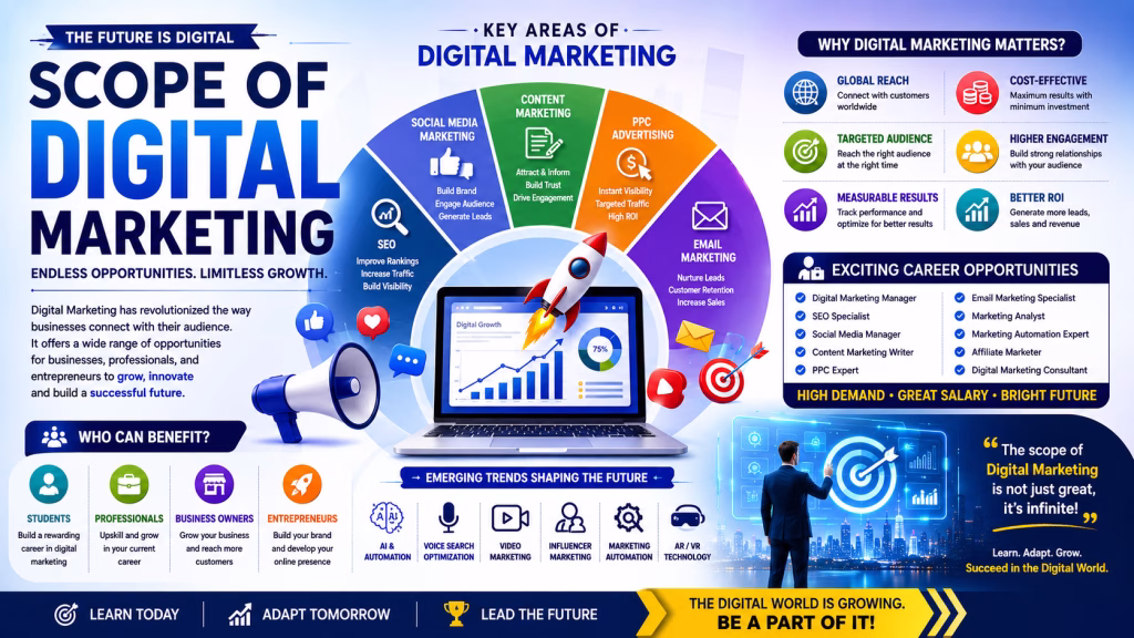 Scope of Digital Marketing banner featuring SEO, social media marketing, content marketing, PPC advertising, email marketing, AI marketing, analytics, and career opportunities displayed around a laptop with digital growth charts and online marketing icons.